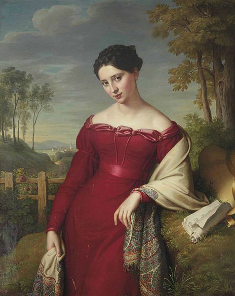 Eduard Friedrich Leybold Portrait of a young lady in a red dress with a paisley shawl